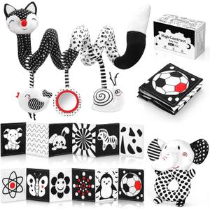 High Contrast Black and White Baby Toys 3-Piece Newborn Essentials Set with Hanging Toys,Rattle Crib Mobile,baby Book & Car Seat Stroller Toys for 0-3-6-12 Months Infant Development (FOX)