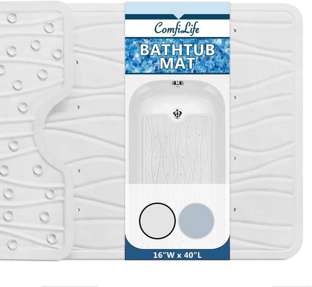 ComfiLife Bath Mat for Bathroom Tub and Shower  Non Slip Extra Large Bathtub Mat with Drain Holes & Suction Cups  Machine Washable Rubber Mats to Keep Bathtub Clean (Cream, Wave 16" x 40")