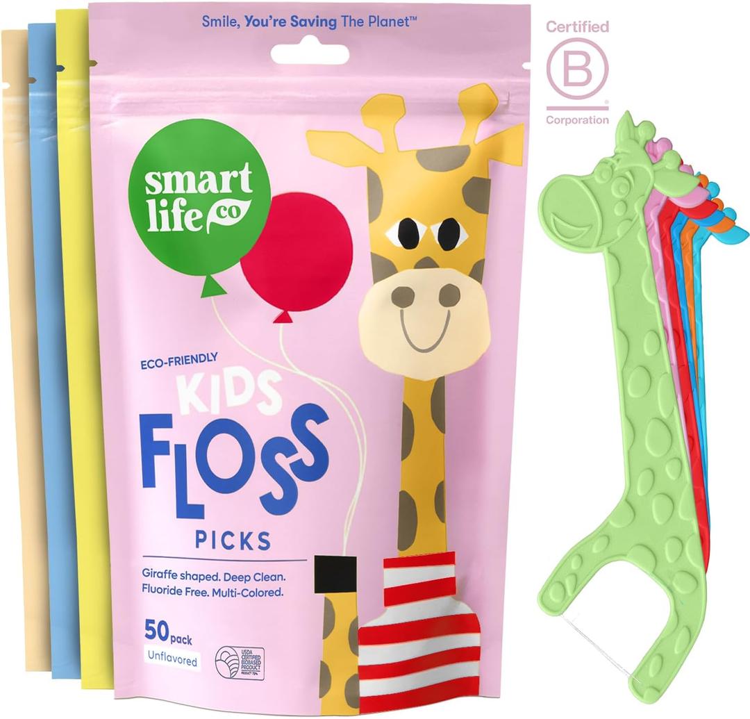SmartLifeco Biodegradable* Kids Flossers - Unflavored Dental Floss Picks for Children, Fluoride & PFA Free, Straw Wheat Fun Animal Flossing Sticks for Toddlers Teeth, Eco Friendly Compostable*, 200x (12.5 Foot (Pack of 4))