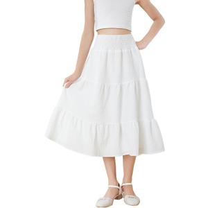 SHENHE Girl's Tiered Midi Skirt Smocked Waist Ruffle Flowy Summer Long Skirt for 12 Year Old, (White)