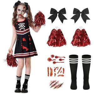 CIRCKOPS Halloween Cheerleader Costume for Girls, Zombie Cheer Uniform Outfit, Scary Cheerleading Costume for Party Dress Up 9-10Y