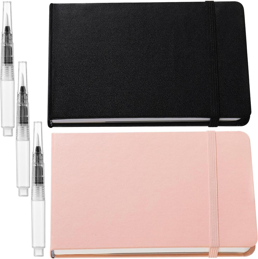 Teling 2 Pcs Watercolor Sketchbook with 3 Brush Pens, 140lb/300gsm Paper, Small Portable Travel Watercolor Journal, Pocket Notebook with Folding Pockets, Tear Away Pages with Dotted Line(7.6" X 5.3")