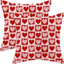 CXMEIFLY Valentines Pillow Covers 18 x 18 Inch Set of 2 for Red Pink Love Heart Checked Decor Throw Pillows Spring Holiday Outdoor Farmhouse Decorative Cushion Cases for Couch Decoration