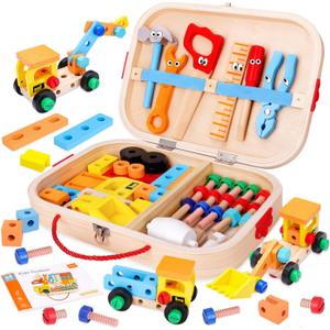 45 Pcs Kids Tool Set, Toddler Tool Set with Tool Box, STEM Construction Preschool Educational Toys for Age 3 4 5 6 7 Boys Girls, Wooden Tool Kits Toys, Christmas Birthday Present for Kids