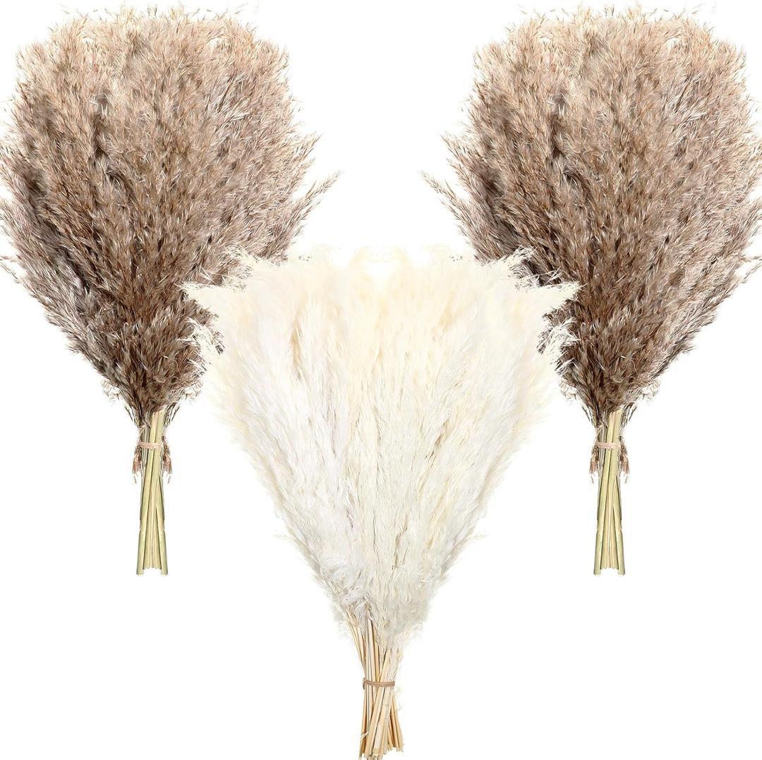 Janinka 100 Pcs Dried Pampas Grass Decor 17 Inch Bulk Natural Small Pompous Wild Fluffy Pompas Floral Boho Decor Flowers for Wedding Party Farmhouse Home Decor Bathroom Office Kitchen (White, Brown)
