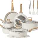 CAROTE 16 Piece Pots and Pans Set Nonstick, White Granite Cookware Sets Induction Cookware, Non Stick Cooking Set w/Frying Pans & Saucepans (PFOS, PFOA Free) (Cream White)