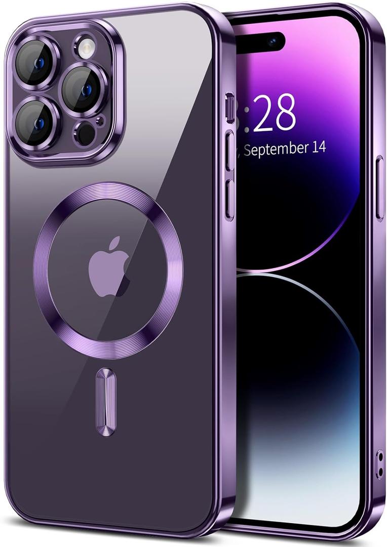 Hython Magnetic Clear for iPhone 14 Pro Max Case with Camera Lens Protector [Compatible with MagSafe] Plating Edge Slim Soft TPU Cover Protective Phone Case for iPhone 14 Pro Max 6.7", Deep Purple