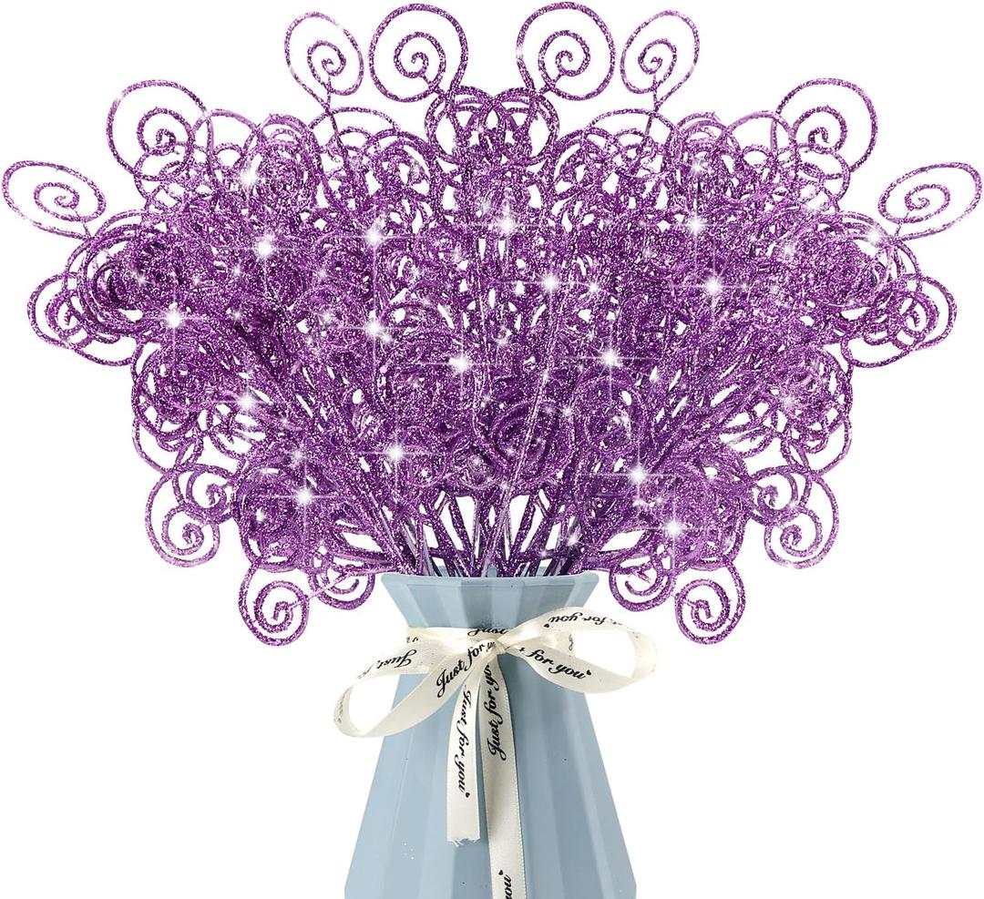 24 Pieces Glitter Christmas Picks Ornaments Decorative Sticks Candy Picks Curly Sprays Twigs for Halloween Xmas Tree Branches Vase Fillers Crafts Wreath Garland Party Wedding Holiday (24, Purple)