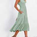 AlvaQ Women Summer Dresses Sleeveless Smocked Midi Dress High Waist Casual Tiered A Line Sundress with Pockets (Green, S)