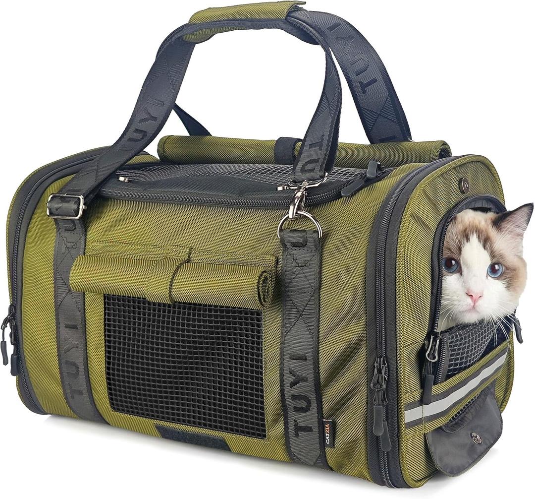 Soft Sided Cat Carrier for Anxious Cats with Privacy Flaps, Airline Approved & Car Seat Safe Pet Carrier for Small Dogs & Cats, 17 x 9.5 x 10.5 in, Reinforced Resin Mesh, Metal Buckles, Green