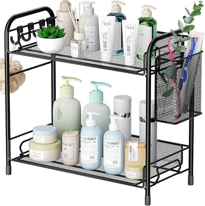VITVITI Mesh Bathroom Organizer Countertop, 2Tier Metal Bathroom Counter Organizer and Storage, Vanity Organizer Sink Shelf Kitchen Spice Rack with Basket and Hooks, Black