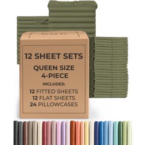Bulk Case Pack of 12 Sheet Sets - (12) Complete Queen Size Sheet Sets with Deep Pockets - Wholesale Bulk Bedding for Hotels, Spas & Airbnbs - Breathable, Cooling & Wrinkle Free - (Queen, Sage Green)