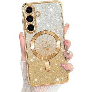 Bonoma Compatible with Samsung Galaxy S25 Plus Case Support for MagSafe, Plating Heart Glitter Magnetic Case TPU Camera Protection Back Cover for Phone Case -Gold