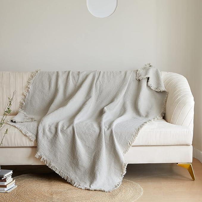 Linen Throw Blanket with Fringe for Couch/Bed/Sofa/Gift, Natural Washed Flax Solid Color Soft Breathable Cozy Farmhouse Boho Home Décor 114 x 86