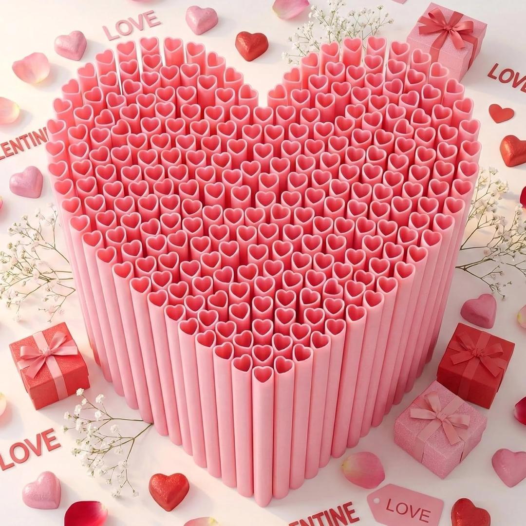 100PCS Valentines Day Heart Straws - Heart Shaped Pink Straws Plastic Disposable Drinking Straws Cute for Valentine's Day, Wedding, Party, Birthdayparty, Decorations (Pink)