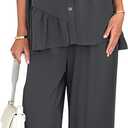 KIRUNDO Two Piece Sets for Women Summer Outfits 2025 Dressy Casual Half Sleeve Button Down Shirt Wide Leg Pants Lounge Set(Dark Grey, Medium)