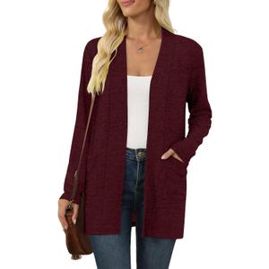 Women's Long Sleeve Cardigan, Lightweight Casual Open Front Cardigans with Pockets, Size L 