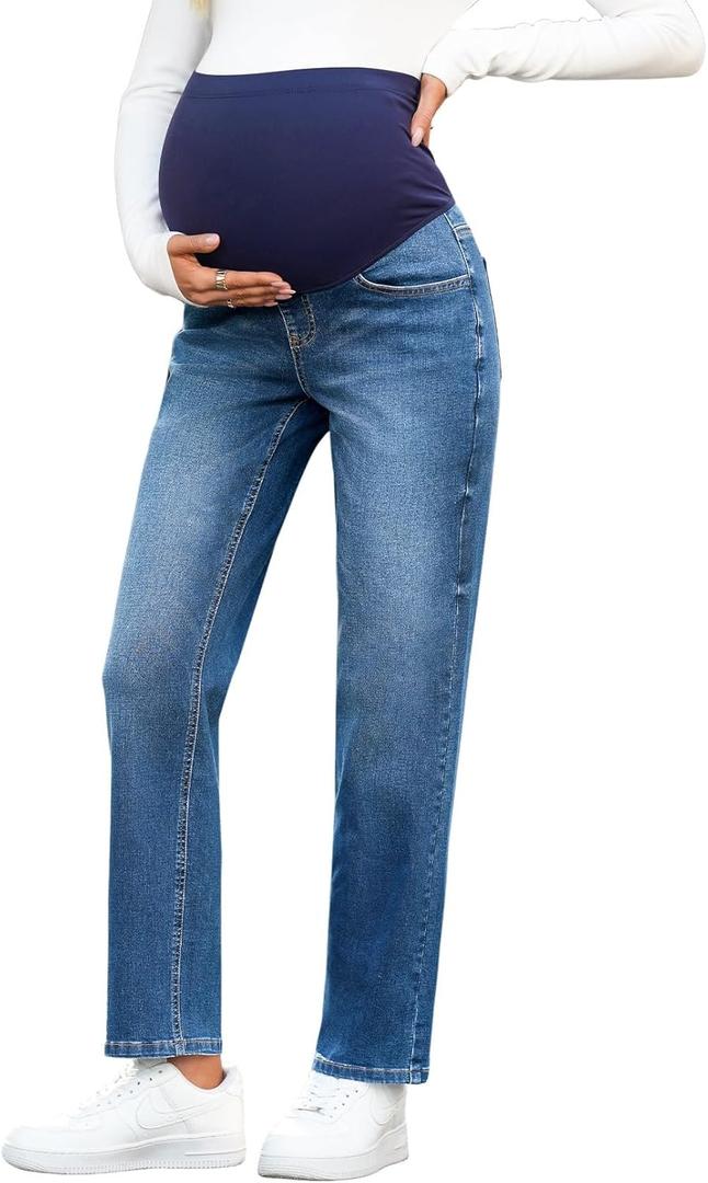 BLENCOT Women's Over The Belly Maternity Ankle Jeans Stretchy Denim Pregnancy Pants with Pockets, Medium