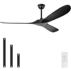 Solid Wood Ceiling Fan without Light, Modern Black Ceiling Fans with Remote Control, Quiet and Reversible DC Motor,Outdoor Ceiling Fan for Garage, Porch, Living Room, Bedroom