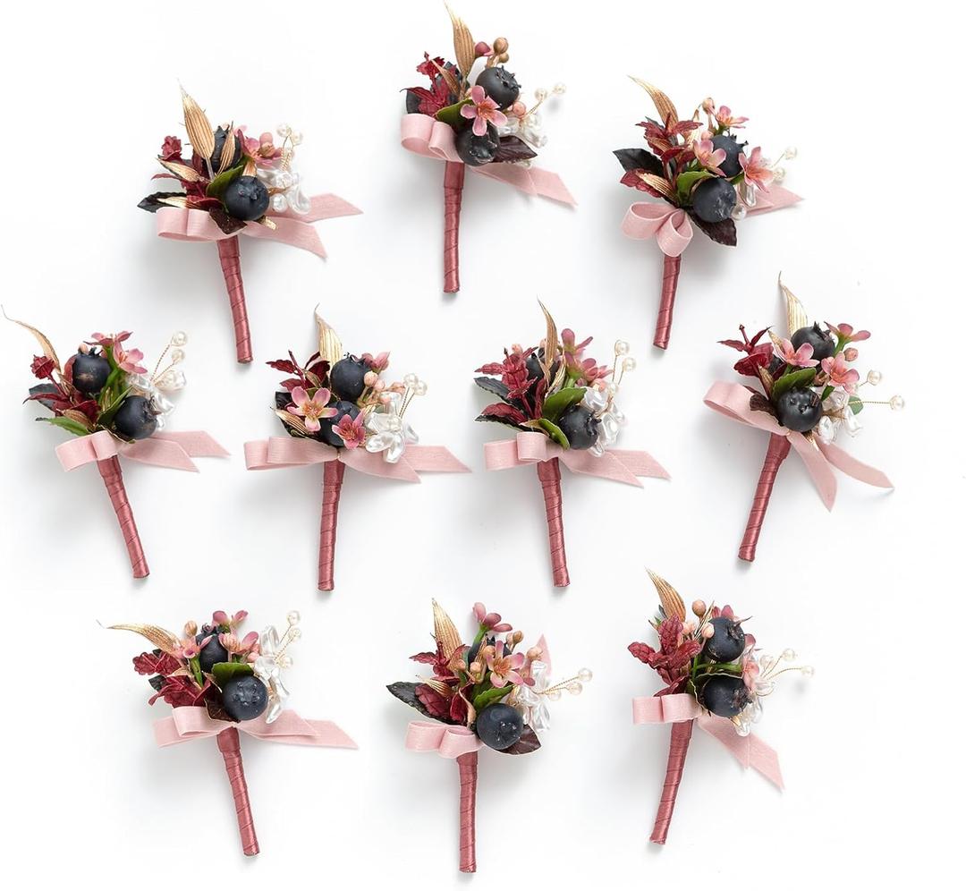 Ling's Moment Boutonniere for Men, 10pcs Groomsmen Guest Boutonniere, Artificial Flowers for Wedding Dcor/Prom/Homecoming,etc.Pink Mauve Berry (Pk-pink Mauve & Berry)