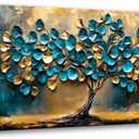 Tree of life Teal Gold Leaf Pictures Canvas Wall Art for Living room Office Bedroom Wall Decor,Abstract Wall Art Print Paintings Modern Blue Leaves Artwork Waterproof Ready to Hang-20x40inch