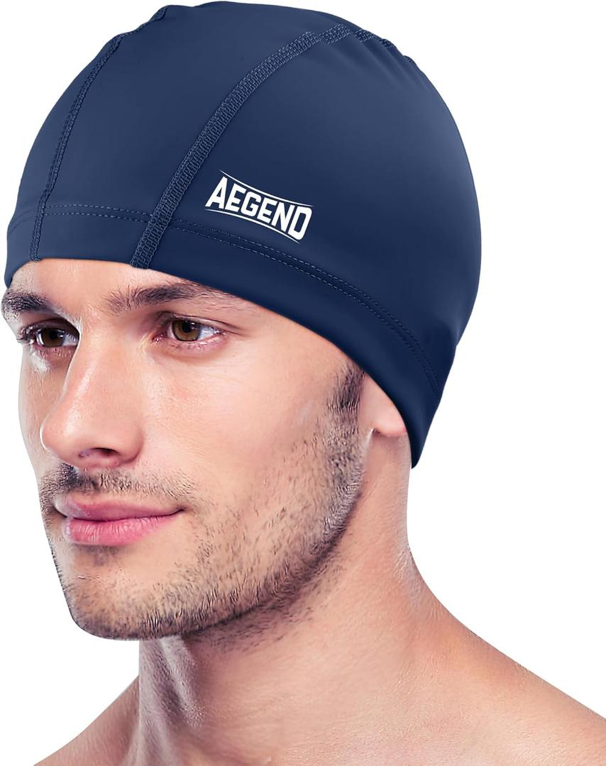 Aegend Fabric Swim Cap, Silicone Waterproof Layer - Breathable Cloth Swimming Cap, Keep Hair Dry with Hight Elasticity for Youth(8-16) Adult, 2 Sizes to Choose (Medium, 1 Pack-Navy Blue)