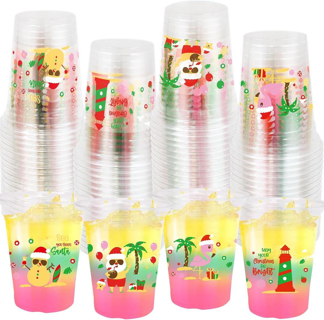 WorldBazaar 12OZ Hawaii Christmas Plastic Cups 100 PCS Clear Disposable Snowman Santa Claus Drinking Cups Cold Beverage Coffee Holiday Winter Party Supplies
