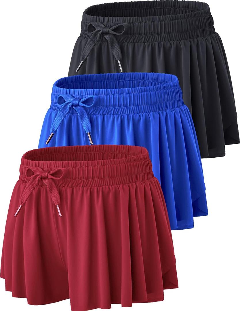 1 or 3 Pack Women’s Flowy Athletic Shorts – 2-in-1 Butterfly Running Shorts with Built-in Spandex Liner, Casual Workout Gym (Set 10, Large)