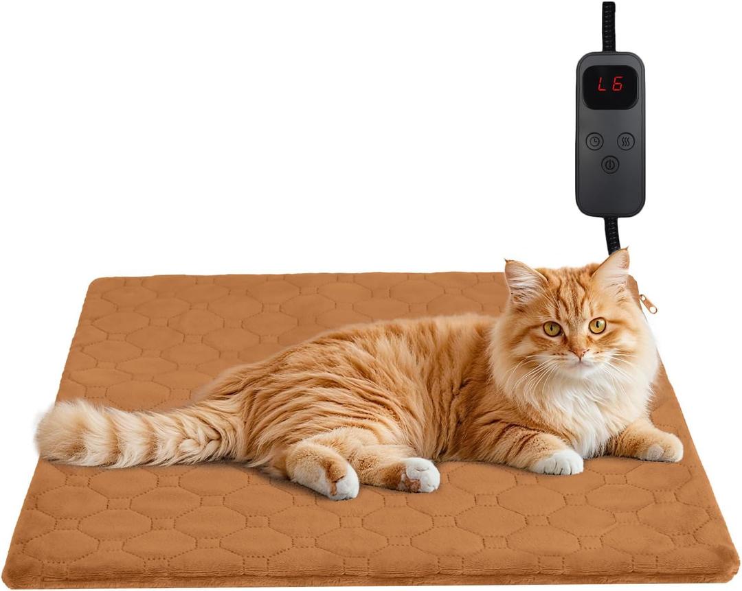 Pet Heating Pad for Cats & Dogs Indoor Outdoor, Warming Cat Heating Pad with Chew Resistant Cord, Adjustable Temperature & Time, Heated Cat Bed Mat Waterproof for Cats Small Dogs, 17.7''  17.7'' (Coffee)