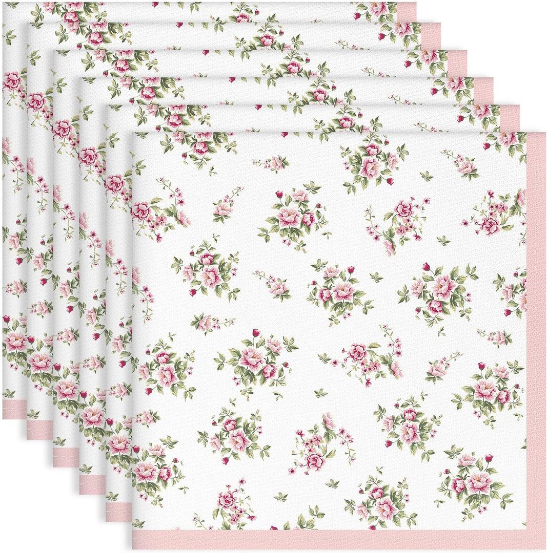 Pink Floral Rose Print Cloth Napkins 100% Cotton, 18" X 18" Dinner Napkins Cloth Set, Washable Napkins for Home, Kitchen, Dinner, Party, Wedding, Cocktail, Set of 6