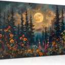 KecKoth Full Moon Forest Canvas Wall Art Size: 36"L x 24"W Mountains and Wildflowers Landscape Picture Wall Decor Poster Print Artwork for Bedroom Living Room