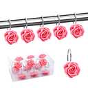 BEAVO Shower Curtain Hooks, Home Decorative Rustproof Shower Curtain Hooks Resin Rose Flower Shower Hooks Rings for Bathroom Shower Rods Curtains,Set of 12 Hooks (Pink)