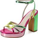 sun gurg Strappy Platform Heels for Women Square Open Toe Chunky High Heels Multicolored Ankle Strap Block Heeled Sandals for Prom Wedding Date Night (7, Green/Rose Red/Pink)