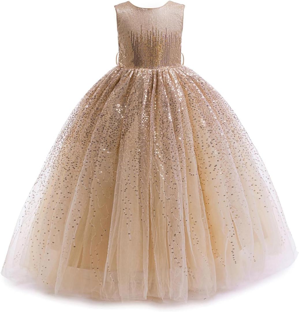 Flower Girls Sequin Dress Bridesmaid Sparkle Formal Wedding Party Birthday Kids Pageant Princess Prom Ball Gown (4-5T, Gold)