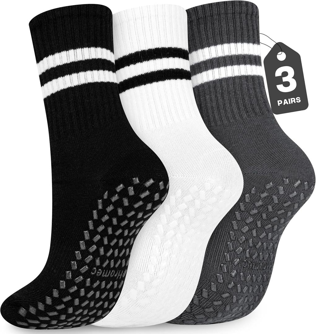 Pilates Socks with Grips for Yoga, Barefoot, Ballet, Barre, Hospital Non Slip Anti Skid Socks for Women and Men (3 Pairs-black White Grey)