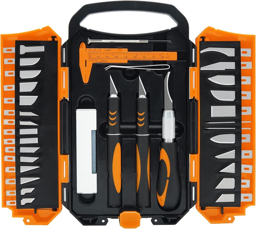 34pcs Large Exacto Knife set Deluxe Craft Precision Knife Set Include 3pcs Craft Knives with Anti-Slip Rubber Grip, 25pcs Different Blades, 2pcs Needles, Sharpening Stone, Screwdriver (Orange)