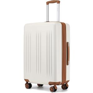Kono Lightweight 28 Inch Expandable Luggage with Quiet Spinner Wheels TSA Lock, Scratch and Drop Resistant PC+ABS Hardside Durable Large Checked Suitcase, Cream White & Brown