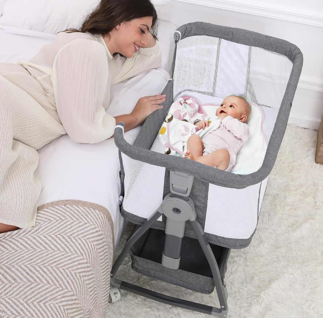 3 in 1 Baby Bassinet Bedside Sleeper with Mattress and Wheels, 5 Height Adjustable Bed Side Bassinets for Newborn, Gray Rocking Bassinet for Baby