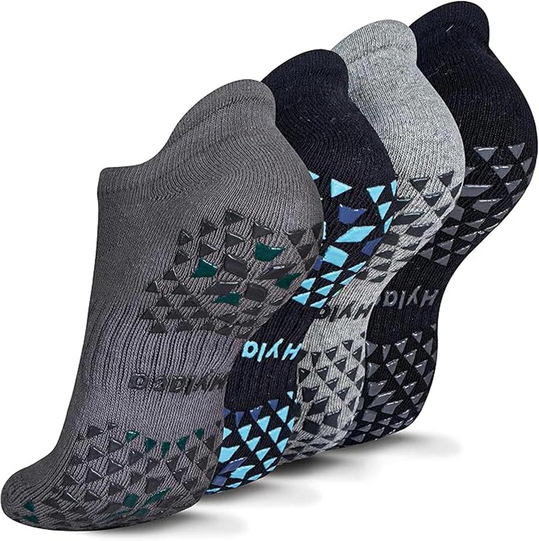 Hylaea Unisex Non Slip Socks with Grip for Yoga, Hospital, Pilates, Barre | Ankle, Cushioned (4 Pairs Black Grey (Bicolor Grips))