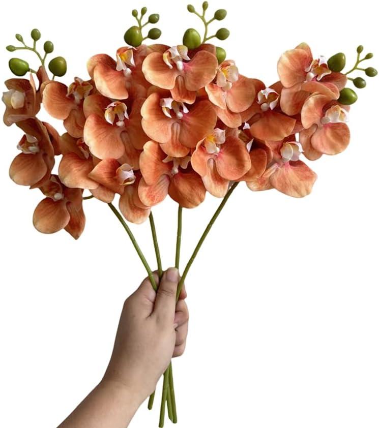 4-Pcs Artificial Flowers Real Touch Latex Phalaenopsis 17.7inch Artificial Orchid Stem Bouquets for Wedding Party Home Garden Decor,Orange