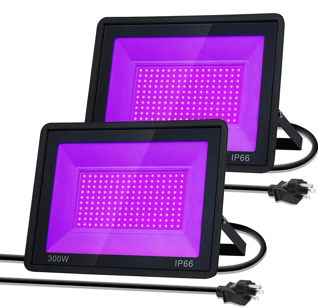 2 Pack 300W LED Black Light, Outdoor Blacklight Flood Light with Plug, IP66 Waterproof Outside Floodlights for Halloween Party, Body Paint, Fluorescent Poster, Neon Glow in The Dark