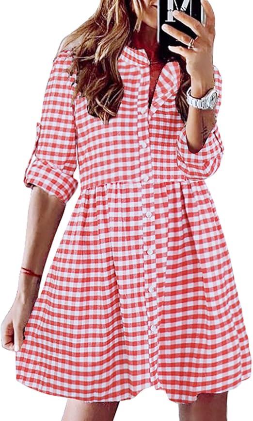 FANCYINN Women's Gingham Stand Collar Shirt Dress Button Down Casual Long Sleeve Tie Sleeves Mini Plaid Shirt Dresses, Size XL