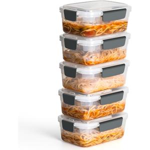 YORY 5 cup Plastic Food Storage Containers with Lids Nestable Freezer Dishwasher Safe Rectangle Meal Prep Container Set,5-Pack, Transparent