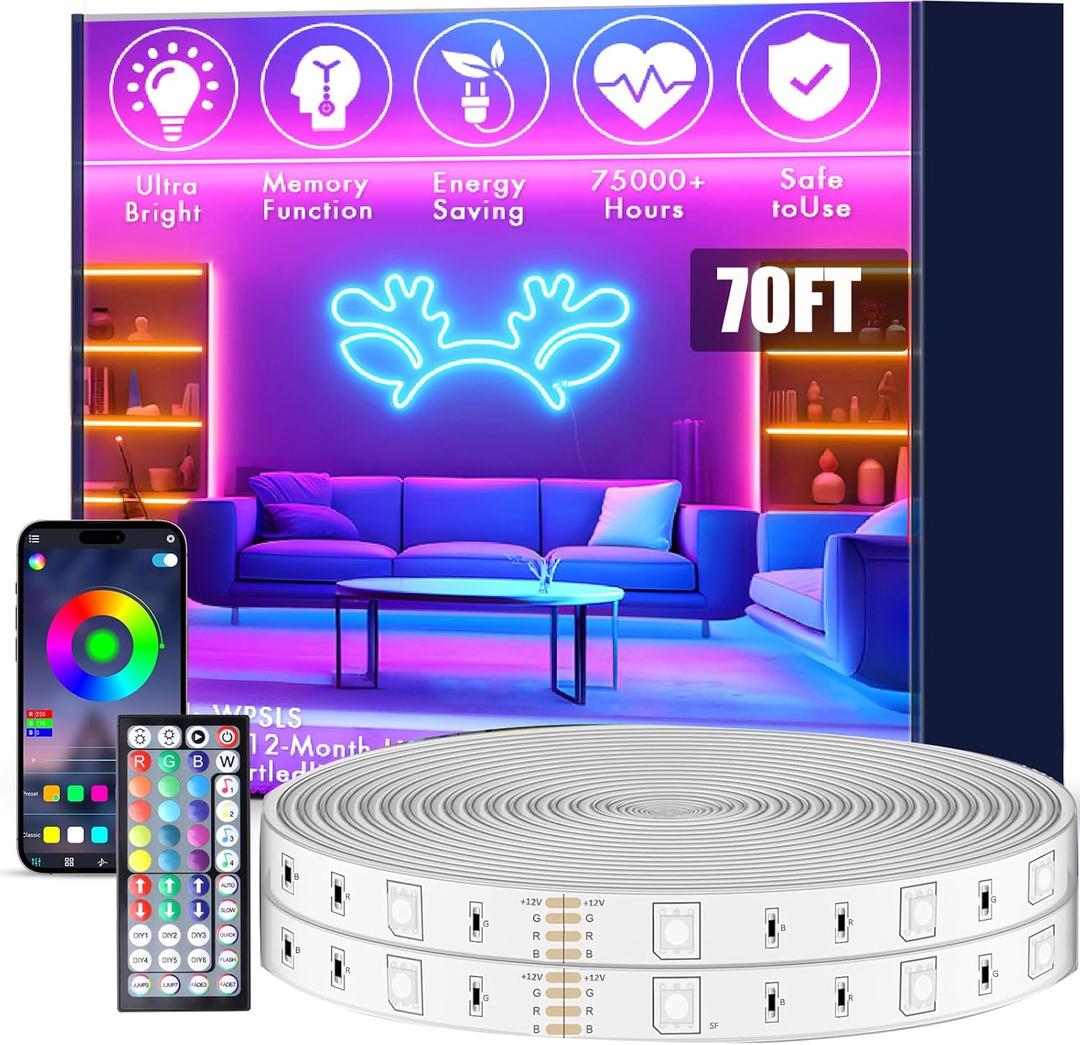 Roperry 70FT Outdoor LED Strip Lights, IP68 RGB LED Lights with Remote and APP Control, Outdoor Strip Lights for Pool, Balcony, Roof, Garden, Stairs (1 Roll)