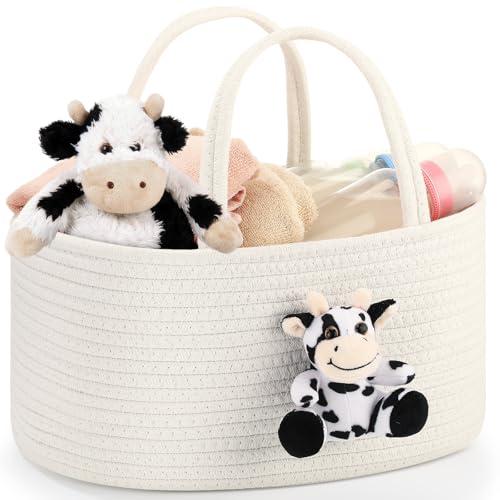 FoldTier Cow Diaper Caddy Organizer, Nursery Storage Bin Basket, Changing Table Organizer for Baby Diaper Storage, Gift Basket for Baby Shower List or Newborn Essentials(L)