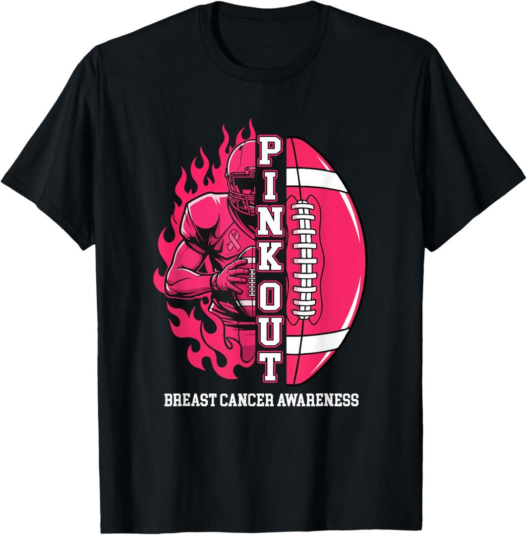  Pink Out - Breast Cancer Awareness Football Pink Ribbon T-Shirt, S