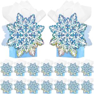 16 Pcs Snowflake Large Goodie Bags Winter Christmas Blue Snowflake Princess Party Favors Gift Bag Bulk with 16 Tissue Paper Treat Kraft Paper Goodie Bags with Handle for Holiday Birthday Party