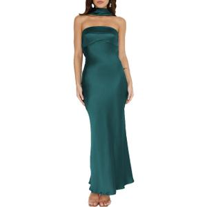 Women's Summer Satin Strapless Tube Top Maxi Dress Elegant Silk Backless Halter Neck Formal Party Dresses Wedding Guest, M