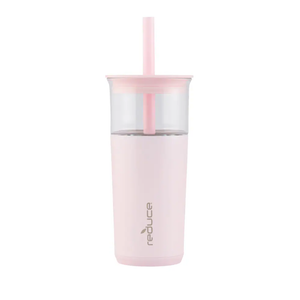REDUCE Aspen 20 oz Vacuum Insulated Glass Tumbler with Lid & Extra Wide Straw - Keeps Drinks Cold for 12 Hrs - Ideal for Iced Coffee, Smoothies & Boba - Dishwasher Safe, Soft Base - Light Pink