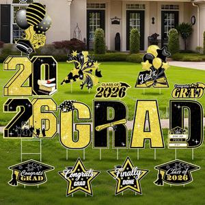 15 PCS Graduation Yard Signs Class of 2026 Decorations, 2026 Graduation Decorations - Large 4FT Tall Congrats Grad Lawn Sign Set with H-Stake & Fiberglass Rods, Waterproof Outdoor & Indoor Graduation Party Decor, Black and Gold